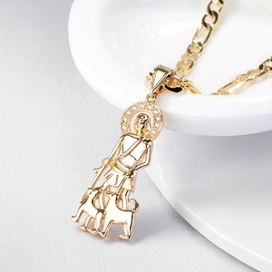 Collier pendentif Saint Lazarus en alliage plaqué or 18 carats avec zircone cubique, breloque religieuse, chaîne Figaro, amulette tendance - Product Image 4