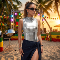 Traje de Baño Metálico Plateado Sexy de Cuello Alto para Mujer, Monokini para Carnaval, J'ouvert, Festivales, Fiestas, Venta al por Mayor, Personalizado, OEM