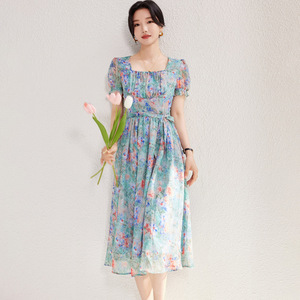 Plus Size French Style High Waist Floral Dress Square Neck Orange Purple Blue Polyester Summer Women's Dress - Product Image 2