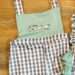 SR3411 personalizado bebé verde blanco a cuadros vaca estampado niños niña al por mayor mameluco sin mangas mono - Product Image 1