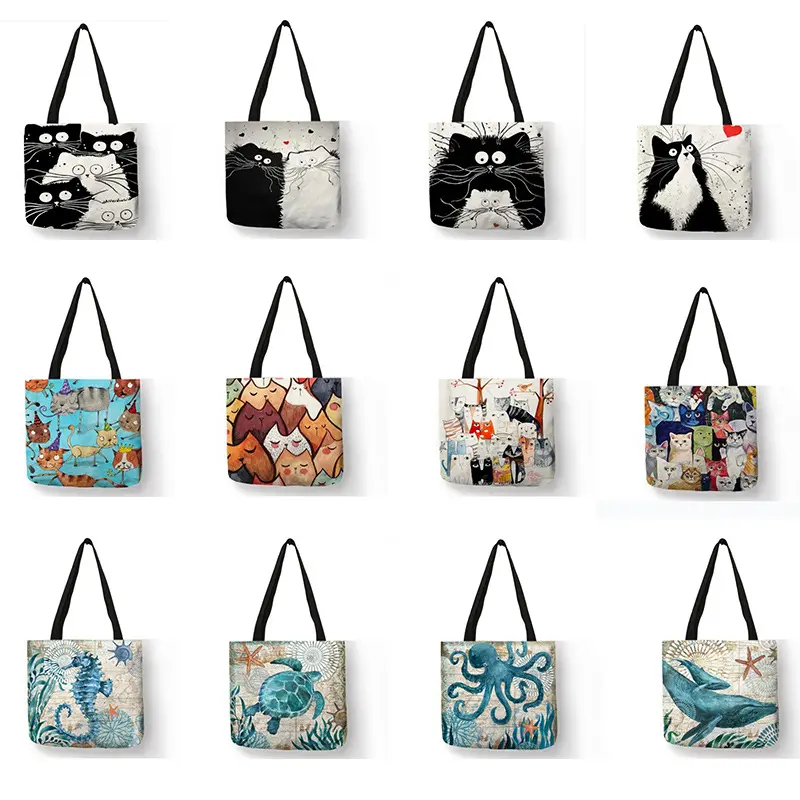 Bolsos de lona informales bolso de compras personalizado lindo gato estampado mujeres algodón Lino totes con logotipo estampado