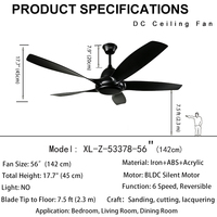 Ventilateur de plafond BLDC noir mat 56 pouces 5 pales sans lumière, moteur DC silencieux avec télécommande pour hôtel, commerce, salon
