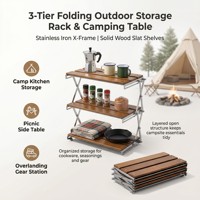 Étagère de camping pliable à 3 niveaux, large, 50 cm, en bois massif et fer inoxydable, table d'appoint portable pour l'extérieur, jardin
