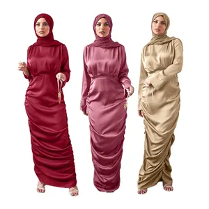 מאני קפלים סאטן קפטן מוסלמי שמלה ארוך האסלאמי נשים צנוע ללבוש בגדי עיד גלימות