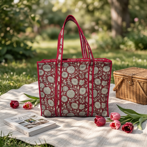 Sac fourre-tout en coton matelassé fait main de qualité supérieure, fermeture à glissière, grand format 18x18 pouces, imprimé floral, peint à la main, sac à bandoulière réutilisable pour femmes - Product Image 6