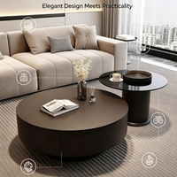 Ensemble de tables basses rondes modernes avec tiroir de rangement, plateau mat brun foncé, structure robuste pour salon, bureau à domicile