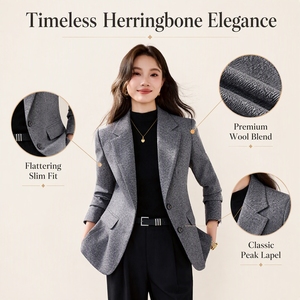 고급 헤링본 블레이저 세트, 세련된 오피스룩 유니폼 의상 - Product Image 2