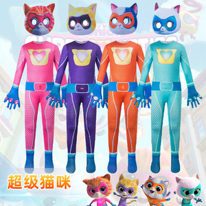 Traje de SuperKitties Azul para Niños, Disfraz de Halloween, Cosplay, Actuación en Escenario, Diseño de Rejilla sin Costuras - Product Image 5