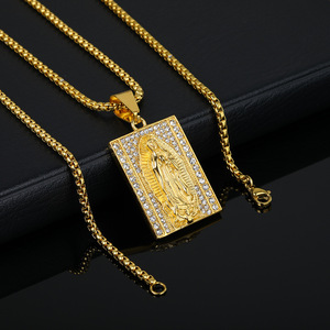 Collier avec pendentif personnalisé en acier inoxydable plaqué or 18 carats et zircon cubique, Vierge Marie, pour hommes et femmes - Product Image 3