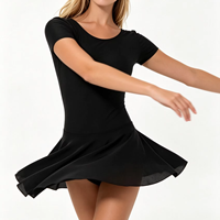 Maillot de Ballet Negro Mate de Manga Corta con Falda para Adultos/Niños, Espalda en U Grande, Traje de Danza para Clases