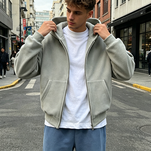 Sudadera con capucha para hombre, personalizada, holgada, de hombros caídos, con doble cremallera, de algodón lavado liso, con logotipo personalizado, estilo urbano - Product Image 2