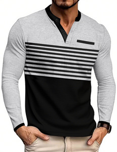 Nouveau T-shirt décontracté slim pour homme été 2025 – T-shirt tricoté tendance à boutons sur la poitrine, imprimé rayé, manches longues, coloré - Product Image 5