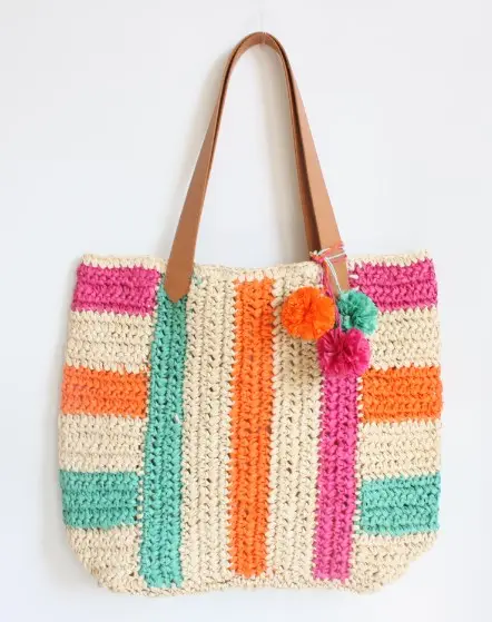 Paper Straw Bag Striped Red And Beige Crochet Paper Straw Beach Tote Hand Bag Women Basket Handbags Pompoms Hand-woven Straw Shoulder Bag