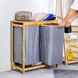 <b>Laundry</b> Storage Rack With Two Bins Bamboo Frame For Bathroom Clothes Organization Floor <b>Standing</b> Rectangle Design - Product Image 2