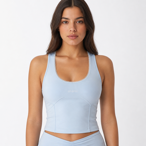 Top Halter Charlo Personalizado con Ribete de Encaje Azul para Mujer, Ropa de Yoga, Deportiva, para Gimnasio, Venta al por Mayor, REACH GCC - Product Image 1