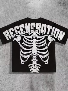 T-shirt tricoté 100 % coton noir à manches courtes et col rond pour homme, imprimé squelette, style streetwear ample - Product Image 1