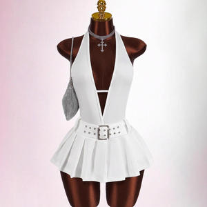 <span class=keywords><strong>Robe</strong></span> moulante sexy à col halter <span class=keywords><strong>et</strong></span> dos nu, couleur unie, coupe ajustée, avec ceinture, décolleté plongeant, plissée, courte, mini, pour femme, K25L1743 - Product Image 1
