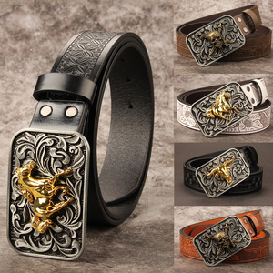 Multi-Designs Femmes Western Horse Cowboy <span class=keywords><strong>Ceinture</strong></span> en cuir PU Hommes Floral Gravé Bull Buckle Belts - Product Image 1