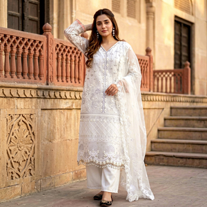 White Embroidered <b>Kurta</b> Palazzo Dupatta Set Indian Pakistani Ethnic Wear For <b>Women</b> Wedding - Product Image 1