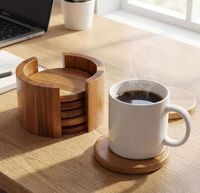 Sous-verres en bois rustique écologiques, sous-verres ronds en bois d'acacia, ensemble avec support pour table basse