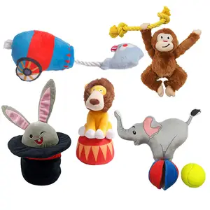 Circus Design Cute Animals Soft Interactive Burrow Hide and Seek Squeaky Dog Toy Tooth Brush Plush Monkey Dog Toy Set