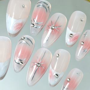 Vente en gros de faux ongles en acrylique faits à la main, taille moyenne, forme amande, 10 pièces, réutilisables, motif carré, prix d'usine - Product Image 1