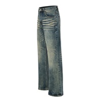 Celana Jeans Denim Model Amerika Vintage Distressed Whisker Tapered Mid Autumn Straight-leg Slim-fit Kasual Panjang untuk Pria Wanita