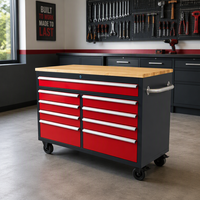 Coffre à outils robuste en acier laminé à froid de 52 pouces à 9 tiroirs sur roulettes, noir et rouge, avec établi de rangement pour outils et tiroirs