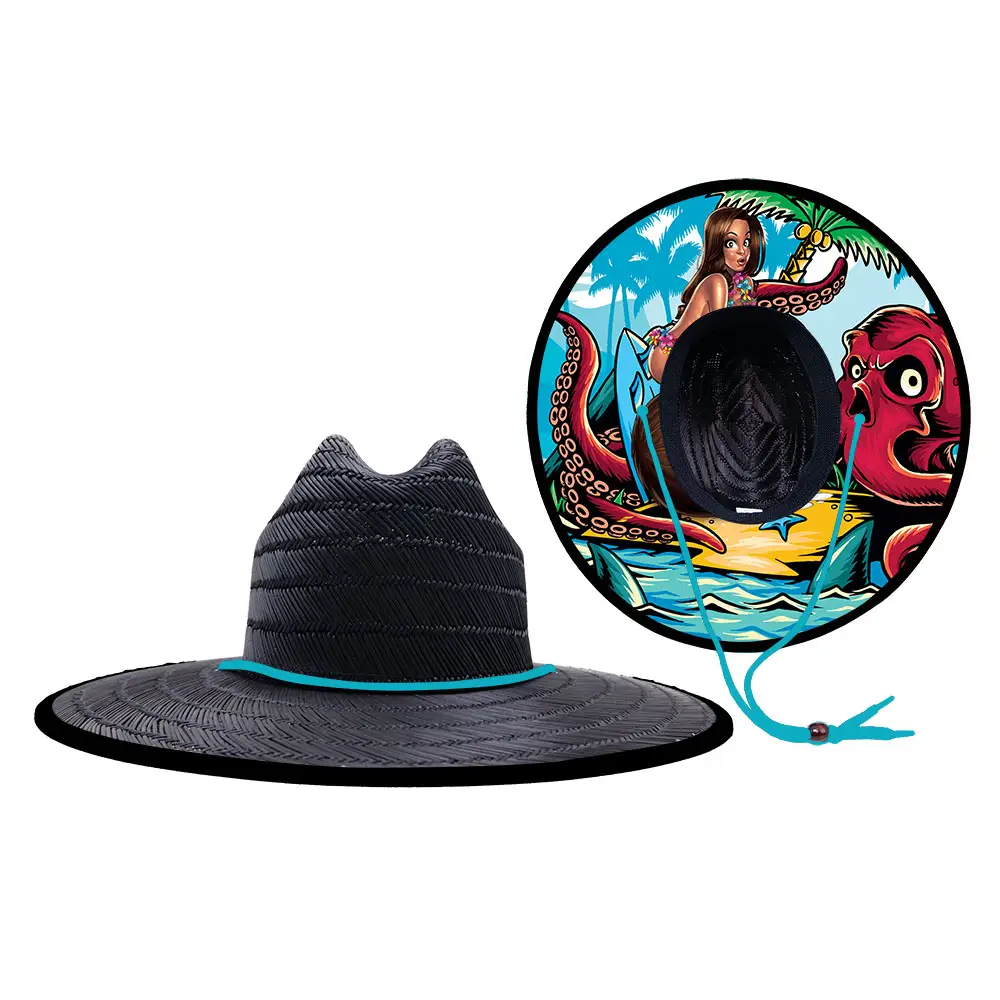 SY cankurtaran hasır şapka Underbrim baskı geniş kenarlı popüler plaj Surf siyah adam şapka yaz