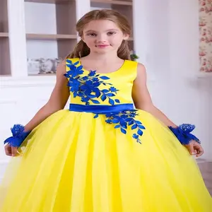 Vestido amarillo de bola, vestido azul real con apliques, vestido de niña de flores <span class=keywords><strong>para</strong></span> boda, tul, niñas, disfraces de desfile de <span class=keywords><strong>primera</strong></span> comunión - Product Image 2