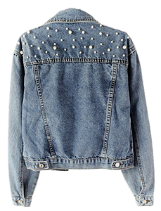 Giacca di Jeans con Perline per Donna Taglie Forti Xs-5xl, Cappotto con Maniche Lunghe e Diamanti, Giacca Larga Blu Chiaro Stile Studentessa - Product Image 3