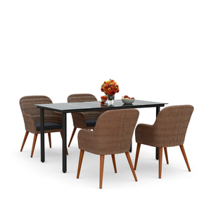 <b>Garden</b> Dining Set <b>Table</b> With Brown Rattan <b>Chairs</b> Dark Grey Cushions Included Outdoor Furniture <b>4</b> <b>Seater</b> Contemporary Style - Product Image 1