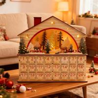 Calendrier de bureau en bois en forme de maison avec lumières LED de Noël, motif cerf de la forêt, pour compte à rebours de Noël, style américain pour la maison