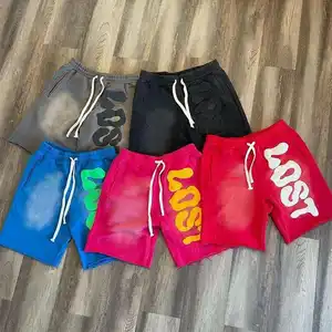 Fabrikant Custom Zon Vervaagd Oversized Katoen Ruwe Zoom Vintage Poff Print Distressed Geborduurde Zuur Wassen Sweatshorts Mannen