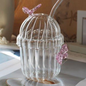 Pink Butterfly Striped Glass Bubble <b>Cup</b> With Straw 300ML 500ML Transparent <b>Cold</b> Drink Water <b>Cup</b> For Party Unisex - Product Image 3