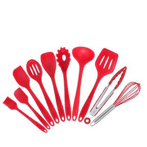 10-piece Set <b>Silicone</b> Kitchen Utensils Non-stick Cooking Spoon Lid Set Rice Spoon Scraper <b>Baking</b> Modern Simple Style Black Red - Product Image 5