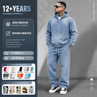 Ensemble streetwear pour homme, veste à capuche zippée oversize en denim délavé dégradé et jean baggy à taille élastique avec cordon de serrage