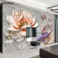 Papel Tapiz Personalizado con Foto 3D, Estampado en Relieve de Loto y Pez, Murales Grandes para Pared, Pintura Mural Moderna para Sala de Estar, Papel Tapiz Autoadhesivo