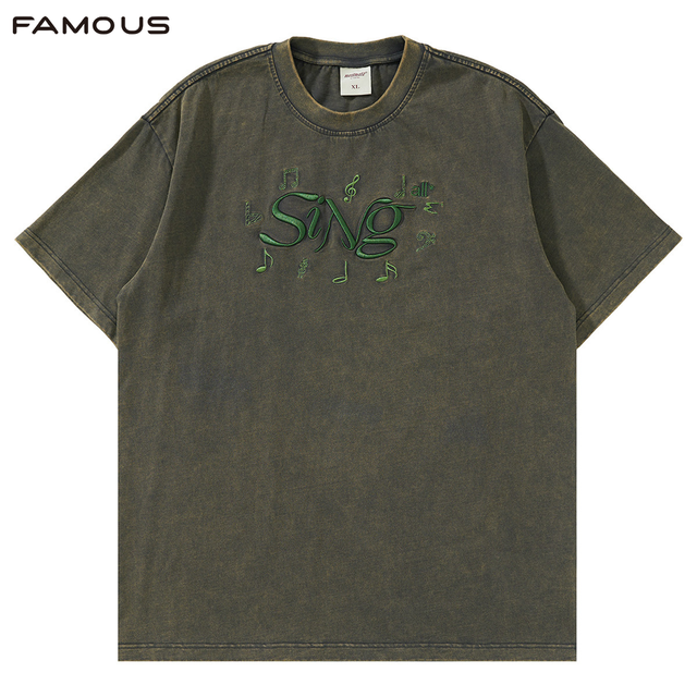 Men's Vintage Embroidered T Shirt Music Note Print Garment Dyed Washed Distressed Crew Neck Summer Custom Wholesale