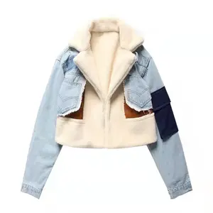 Vrouwen Korte Denim Jeans Faux Shearling Bont Gevoerde Parka Lam Bont Suède Kraag Denim Winterjas Jas Dame