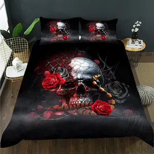 Set seprai selimut 3d, setelan seprai fantasi penutup selimut mawar merah skeleton