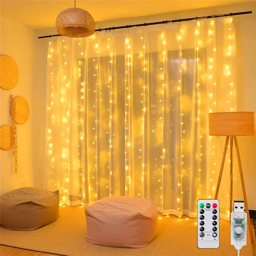 Cheap decorative 3x3 meter 300 led eight function remote control window curtain light with usb charge for Wedding Party