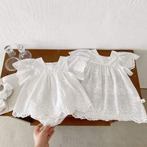Robe barboteuse en coton crocheté à manches bouffantes et bordure en dentelle pour bébé fille Angou, tenue pour <span class=keywords><strong>sœur</strong></span> - Product Image 2