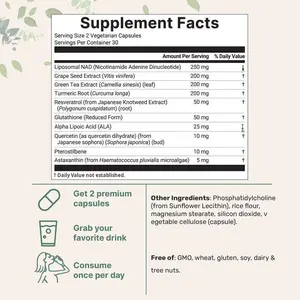 Capsule Antiossidanti NAD Resveratrolo per Adulti, 60 Capsule Rigide, Integratore di Resveratrolo Mononucleotide Liposomiale 500mg - Product Image 4