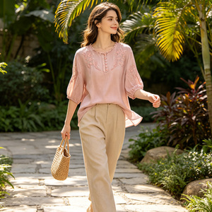 Blusa Holgada Rosa con Bordado, Manga Media, Cuello Redondo, Estilo Boho para Mujer, Camisa Casual de Verano - Product Image 4