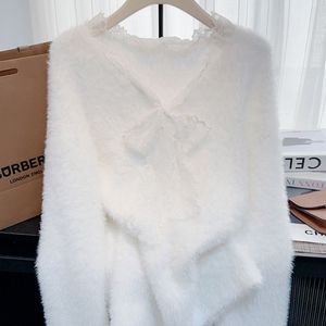 เสื้อสเวตเตอร์ลำลองผ้าขนแกะแขนยาวคอวีสำหรับผู้หญิงเสื้อสเวตเตอร์ลูกไม้ด้านหน้าโลโก้งานเย็บปะดีไซน์ทรงหลวม - Product Image 4