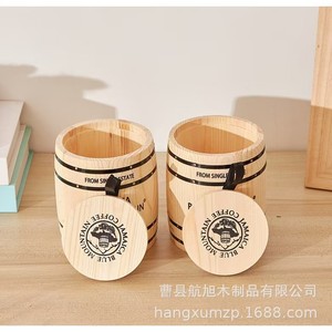 Jamaica Blue Mountain Coffee Wooden Storage Bucket Cylinder Airtight Lid Solid Wood <b>Kitchen</b> Condiment Container - Product Image 3