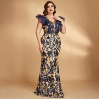 Robe de soirée sirène grande taille en organza à volants, col en V profond, avec sequins floraux noirs et maille nude, pour soirée formelle