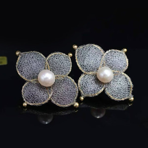 Original Design 14K Gold Filled Flower Pearl Earrings, Italian Metal Lace Craft 10-11mm High Luster Freshwater Pearl <b>Studs</b> - Product Image 1
