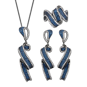 New Arrivals Eco-friendly Copper Black Gold Plated Blue Cubic Zirconia Pendant Necklace <b>Earrings</b> Ring Set Jewelry Set for Womens - Product Image 1